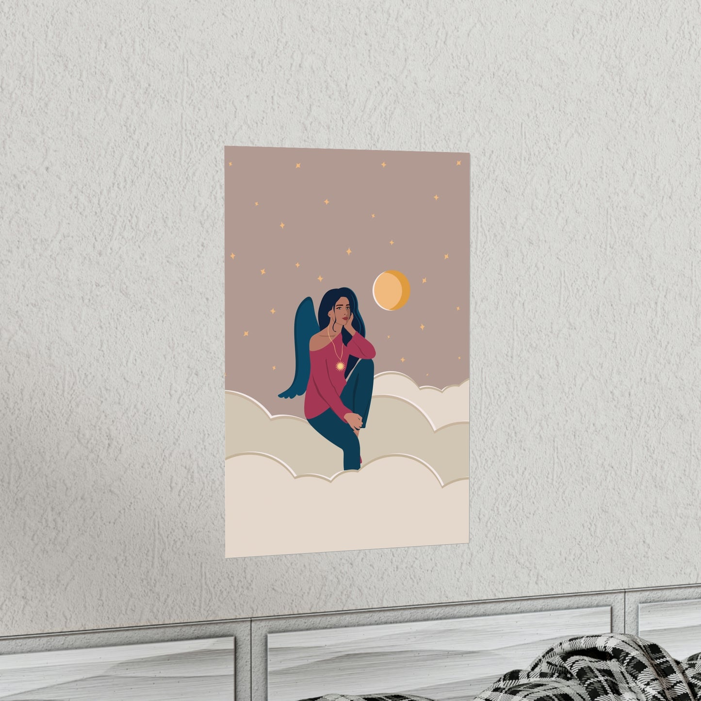 Women Angel Portrait Sitting On Clouds Cartoon Art Classic Premium Matte Vertical Posters