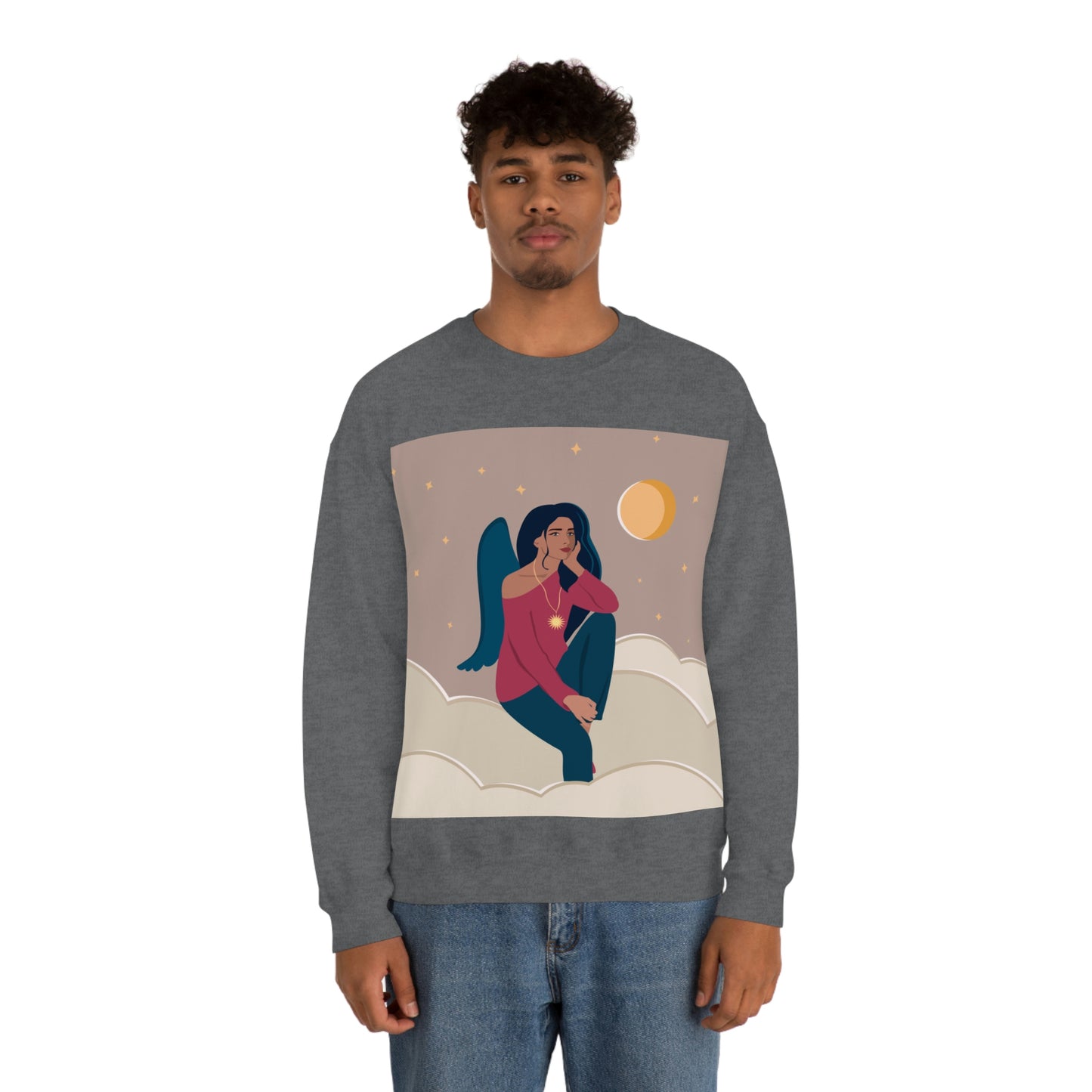 Women Angel Portrait Sitting On Clouds Cartoon Art Unisex Heavy Blend™ Crewneck Sweatshirt