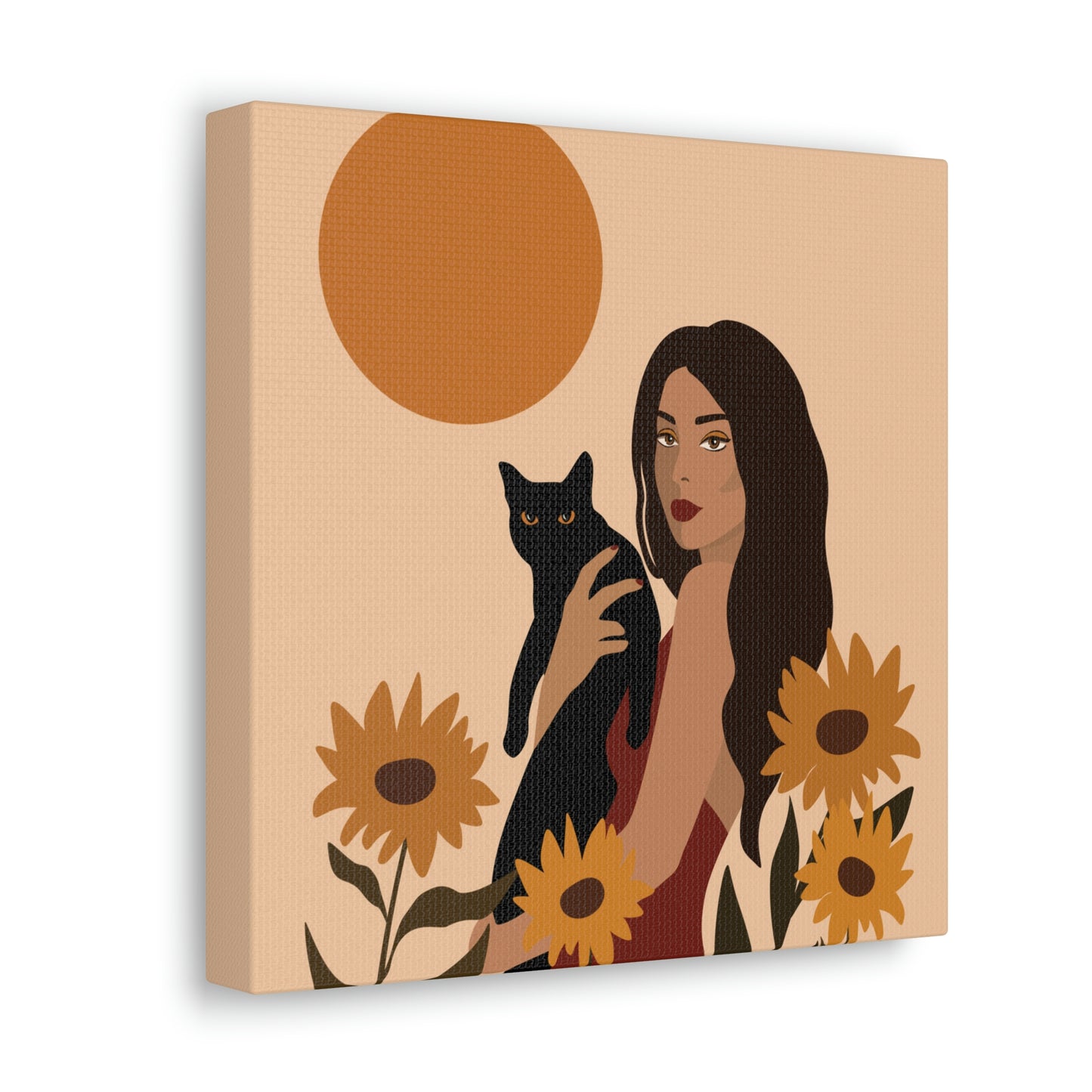 Woman with Black Cat Mininal Sunflowers Aesthetic Art Canvas Gallery Wraps