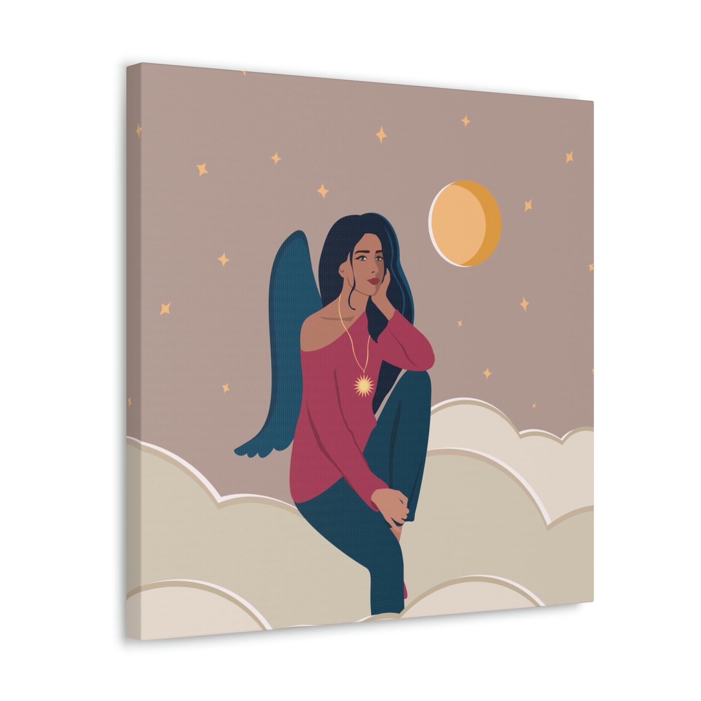 Women Angel Portrait Sitting On Clouds Cartoon Art Canvas Gallery Wraps