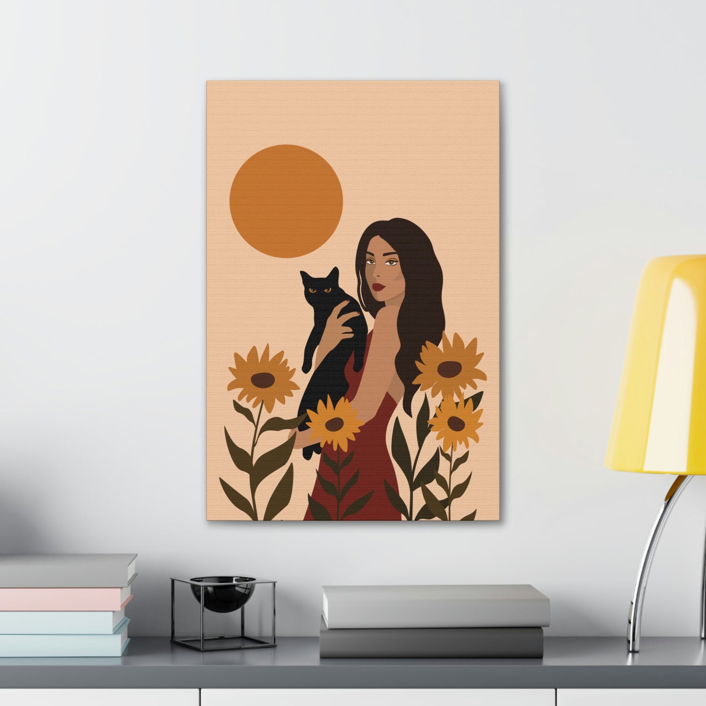 Woman with Black Cat Mininal Sunflowers Aesthetic Art Canvas Gallery Wraps