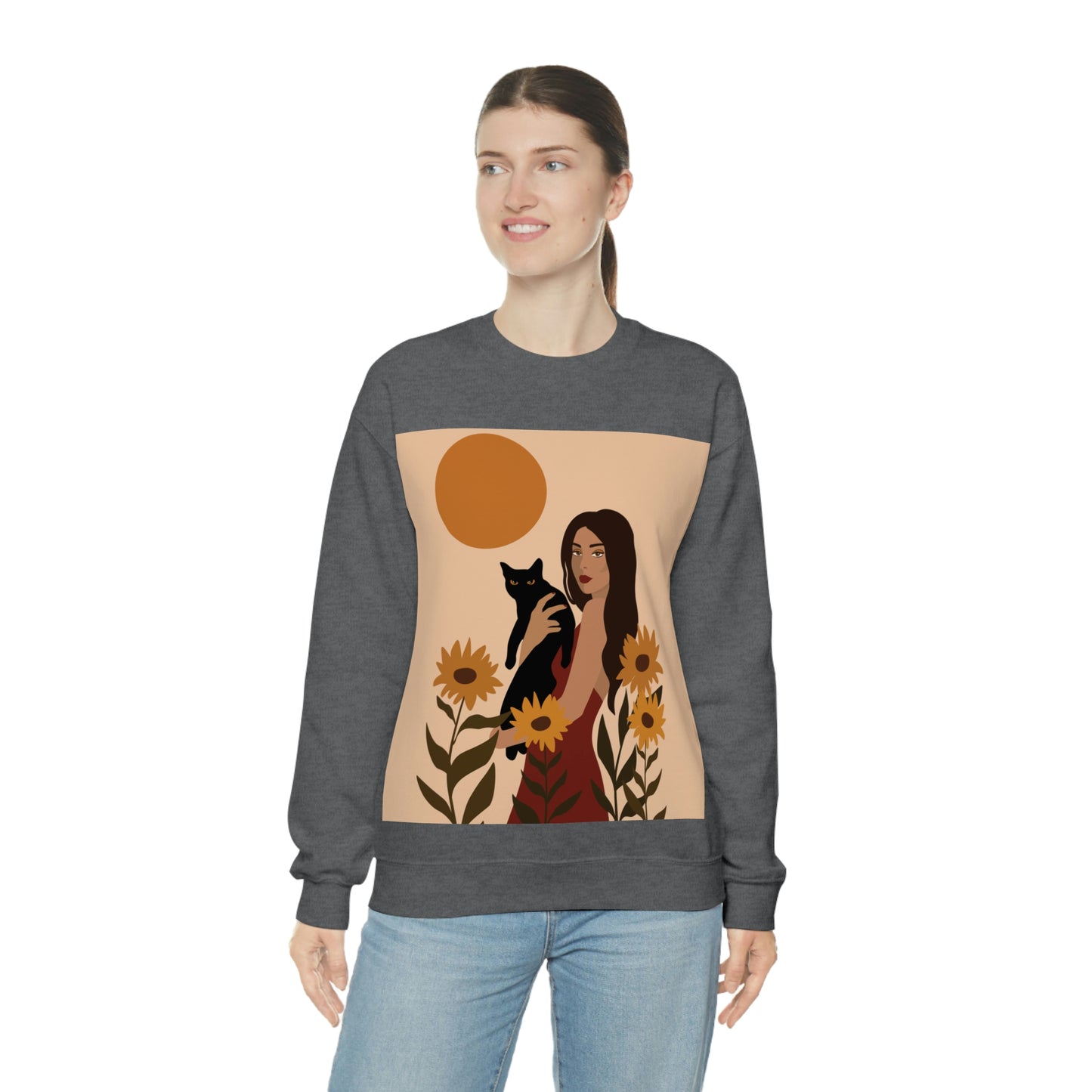 Woman with Black Cat Mininal Sunflowers Aesthetic Art Unisex Heavy Blend™ Crewneck Sweatshirt