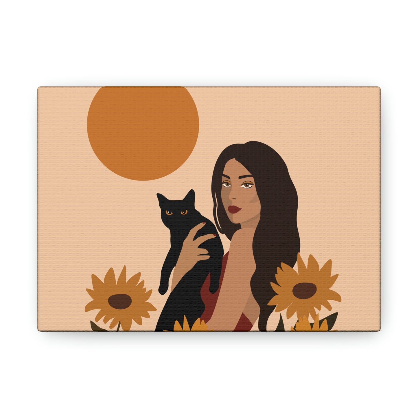 Woman with Black Cat Mininal Sunflowers Aesthetic Art Canvas Gallery Wraps