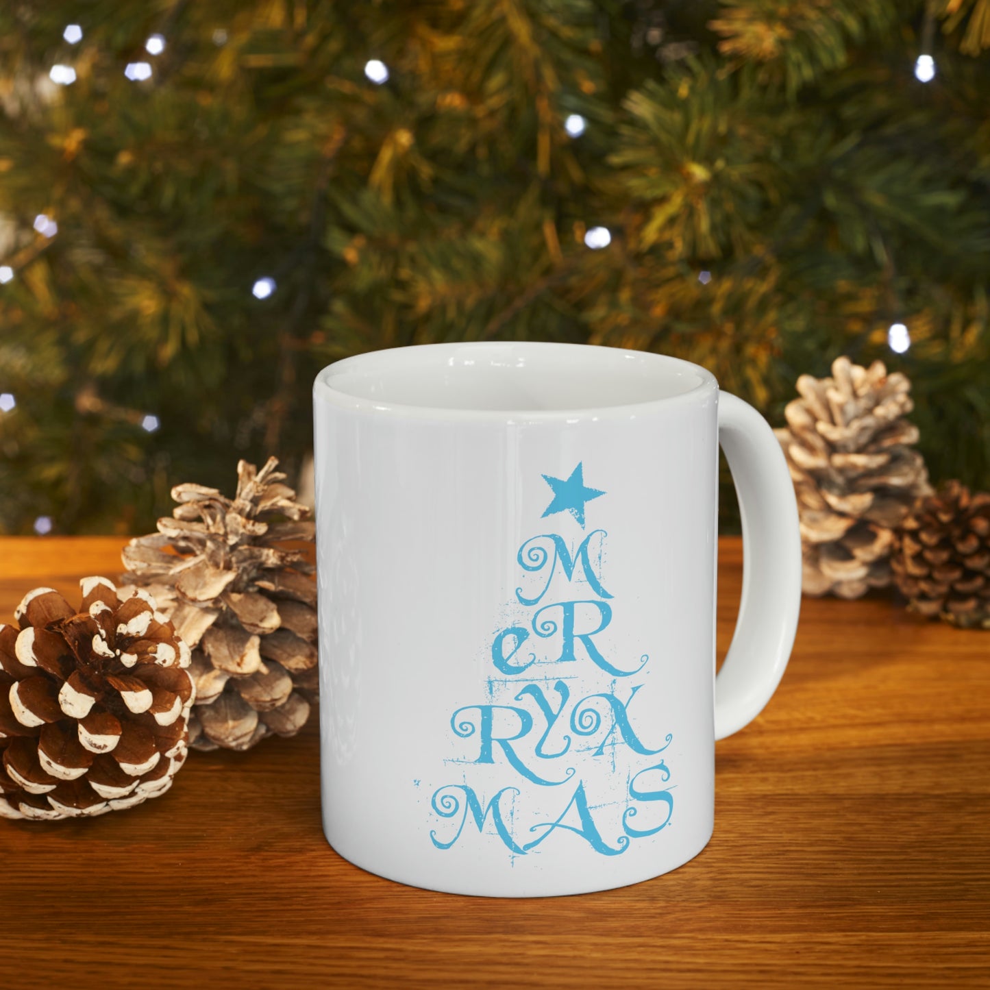 Love Christmas Happy Holidays Minimal Art Сalligraphy Blue Ceramic Mug 11oz