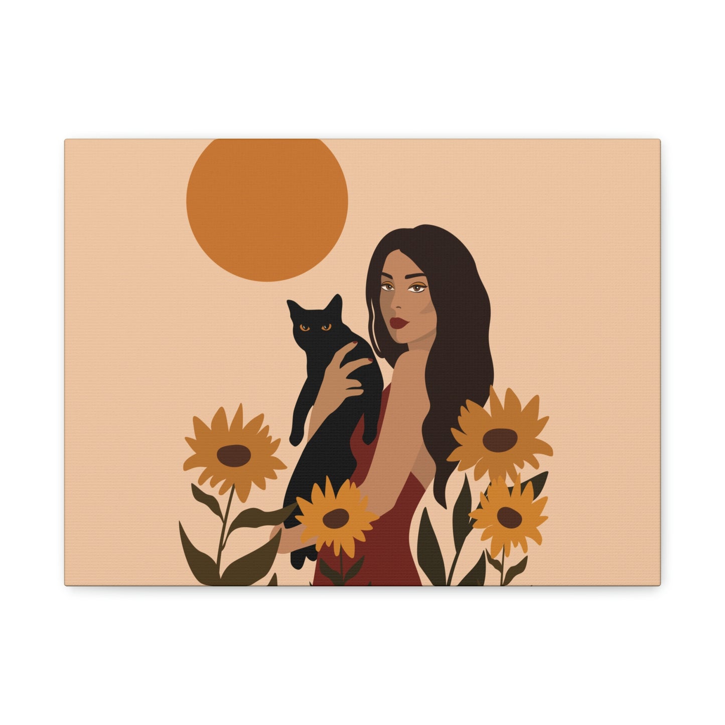 Woman with Black Cat Mininal Sunflowers Aesthetic Art Canvas Gallery Wraps