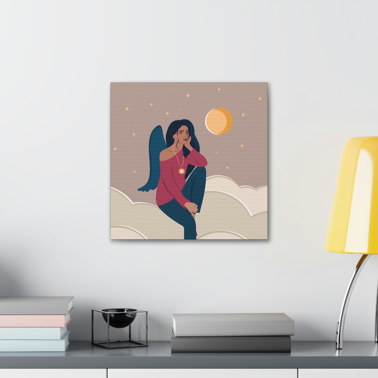 Women Angel Portrait Sitting On Clouds Cartoon Art Canvas Gallery Wraps