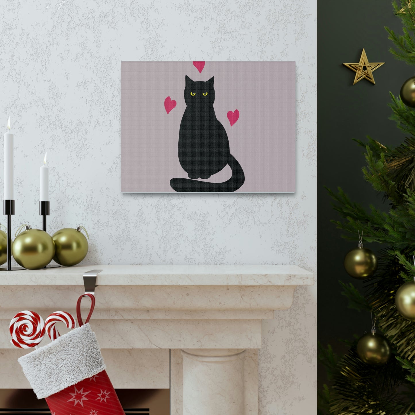 Black Cat with Heart Love Aesthetic Classic Art Canvas Gallery Wraps