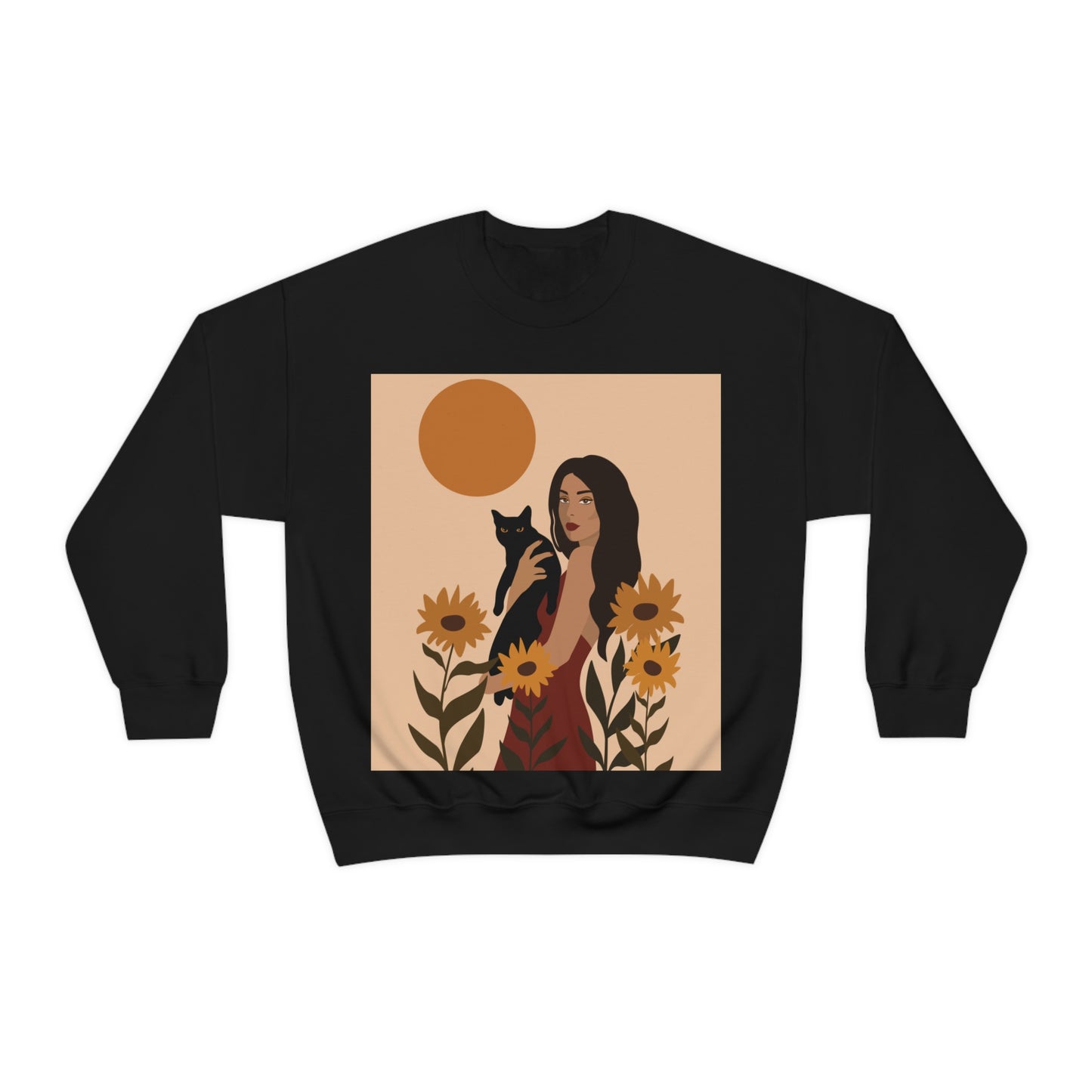 Woman with Black Cat Mininal Sunflowers Aesthetic Art Unisex Heavy Blend™ Crewneck Sweatshirt