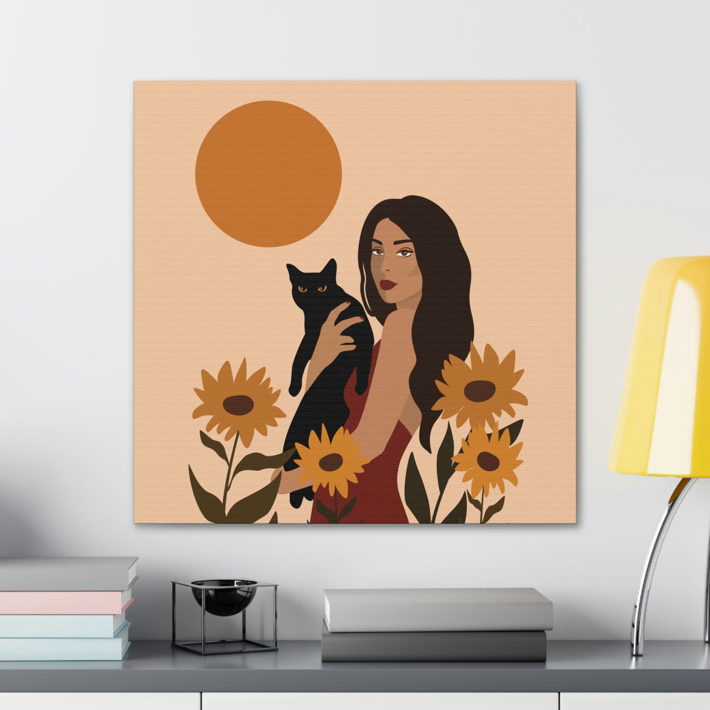 Woman with Black Cat Mininal Sunflowers Aesthetic Art Canvas Gallery Wraps