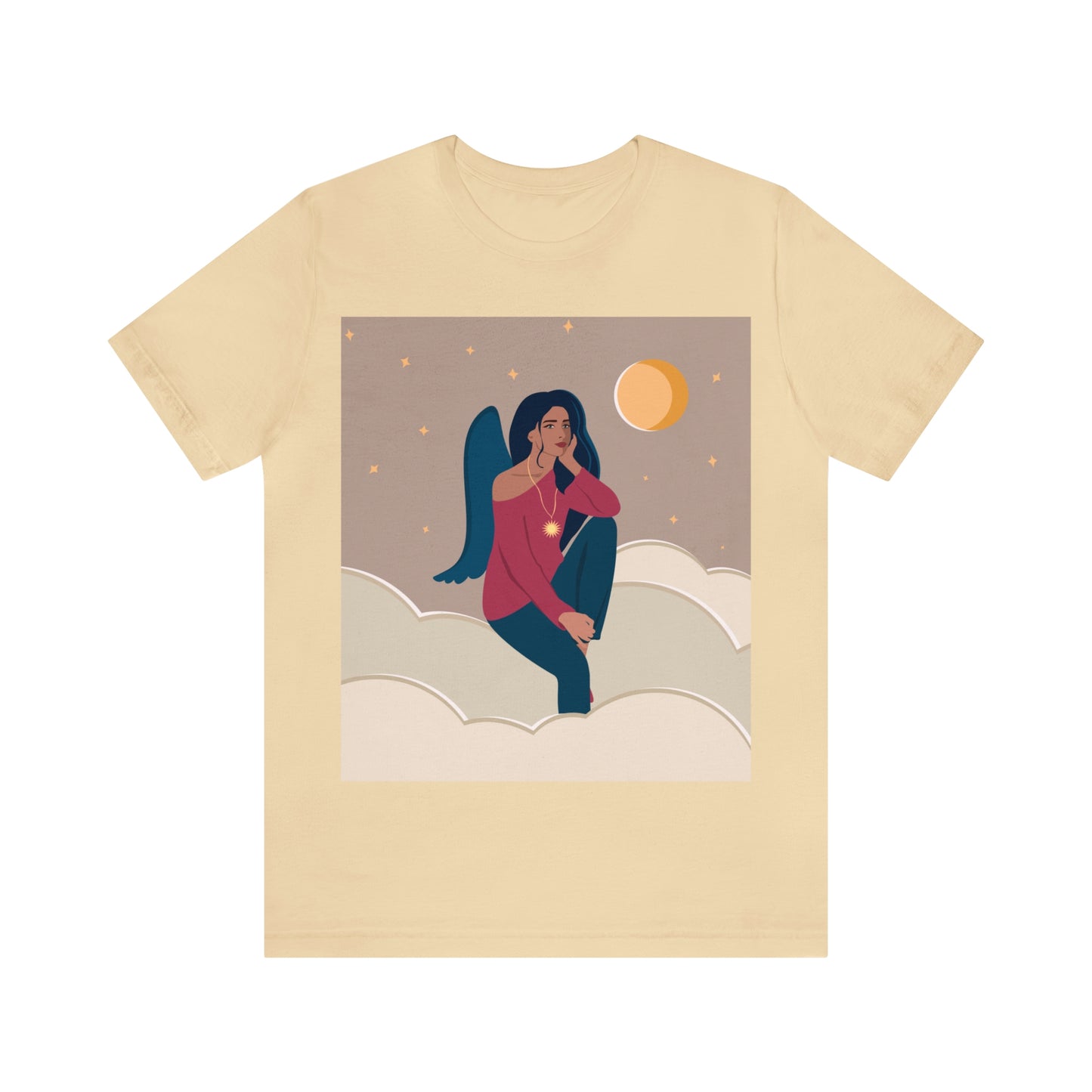 Women Angel Portrait Sitting On Clouds Cartoon Art Unisex Jersey Short Sleeve T-Shirt