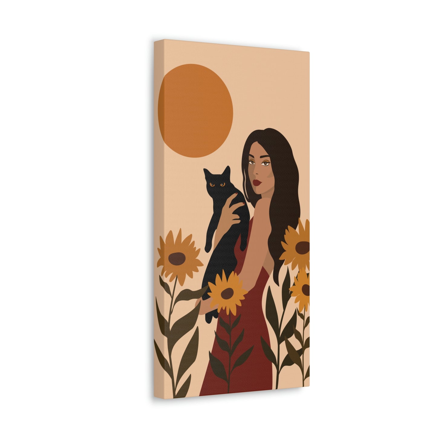 Woman with Black Cat Mininal Sunflowers Aesthetic Art Canvas Gallery Wraps