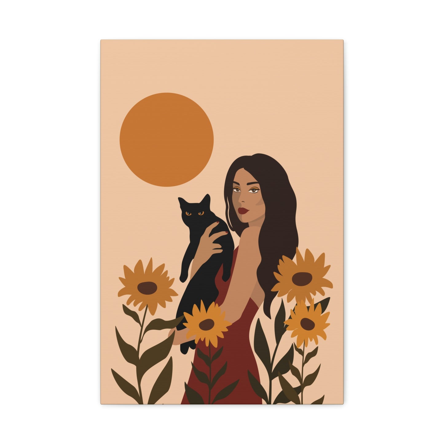 Woman with Black Cat Mininal Sunflowers Aesthetic Art Canvas Gallery Wraps