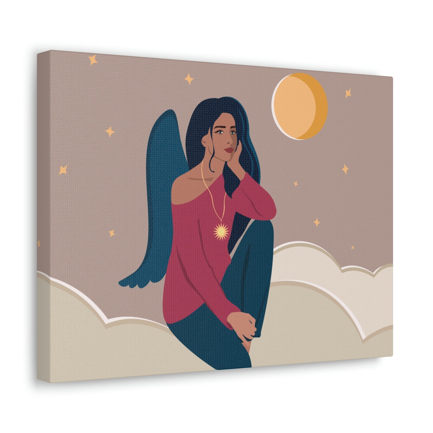 Women Angel Portrait Sitting On Clouds Cartoon Art Canvas Gallery Wraps