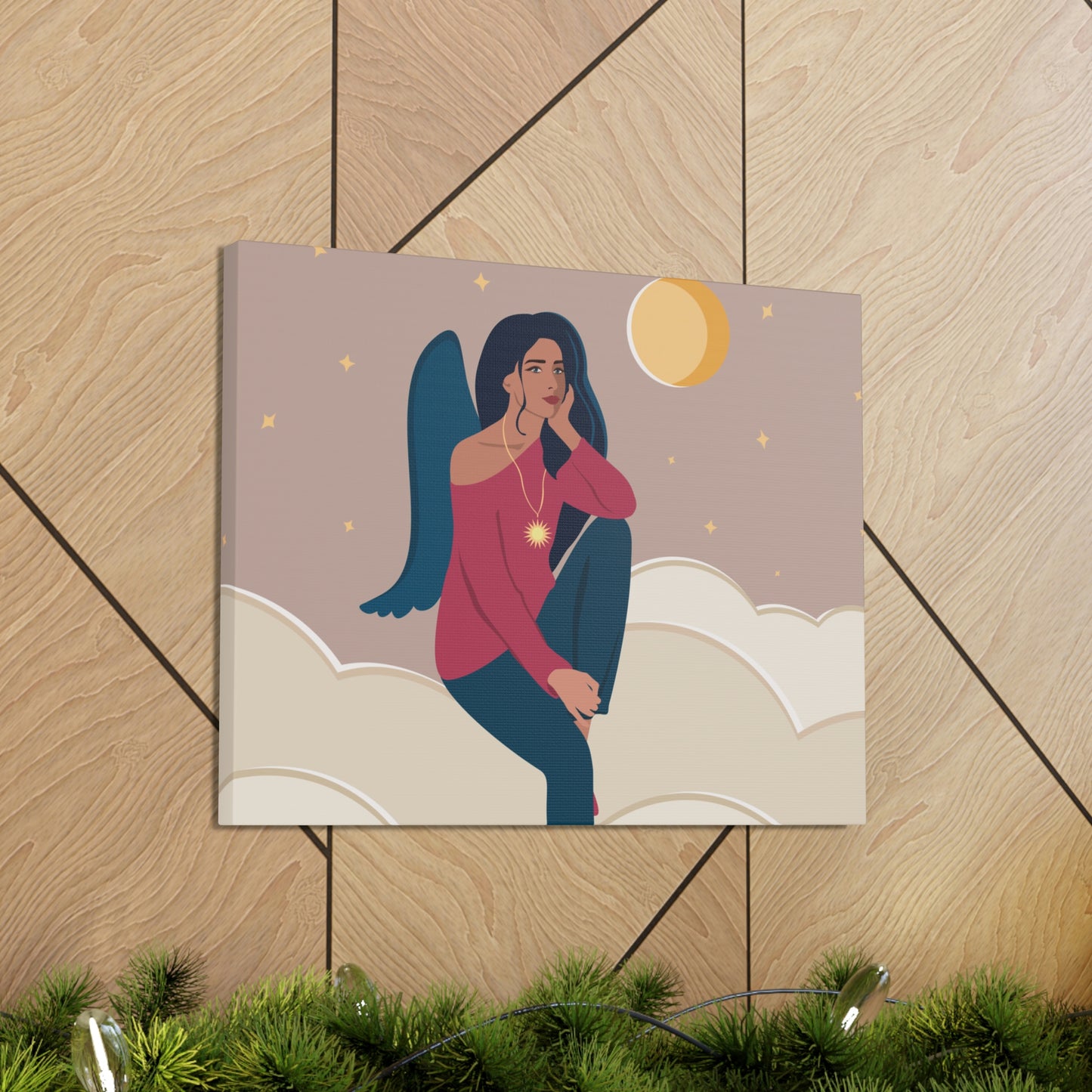 Women Angel Portrait Sitting On Clouds Cartoon Art Canvas Gallery Wraps