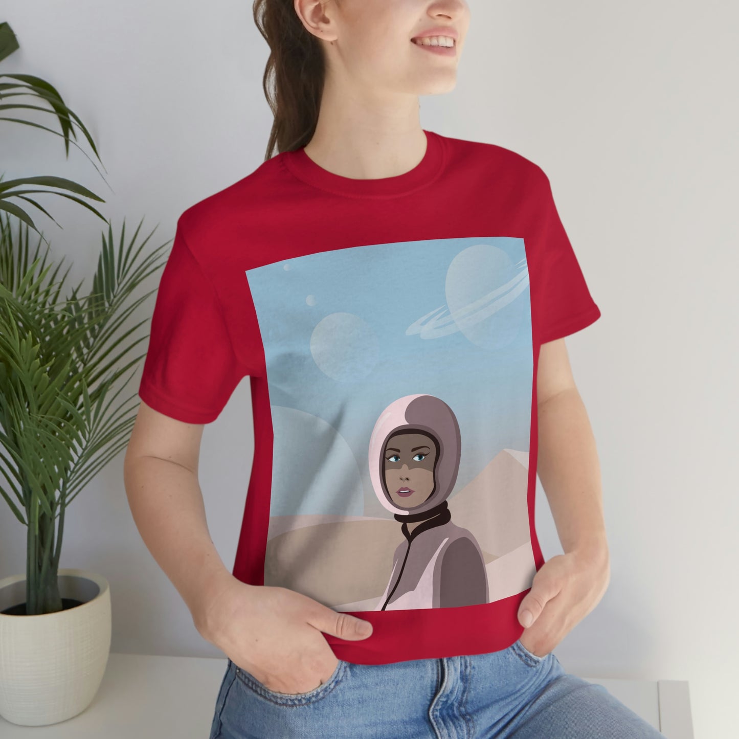 Astronaut Woman Aliens Minimal Art Aesthetic Unisex Jersey Short Sleeve T-Shirt