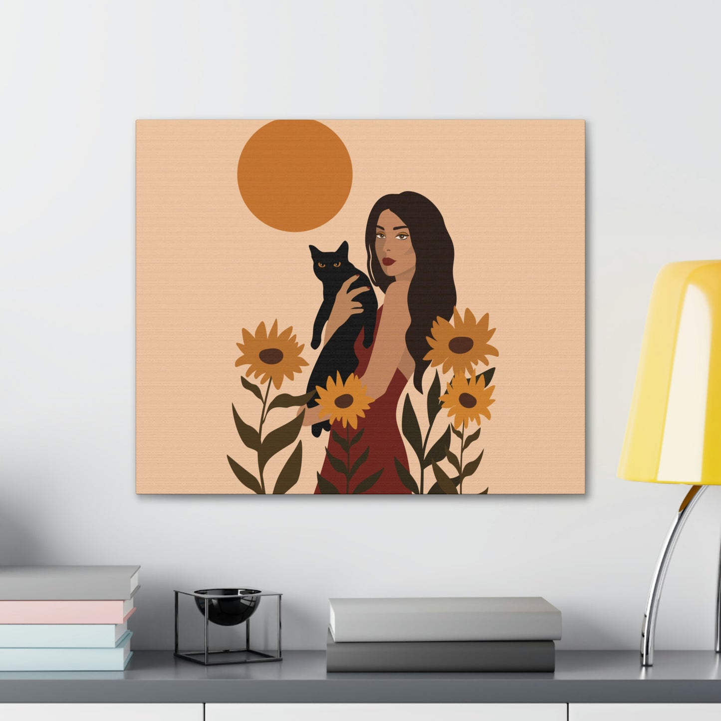 Woman with Black Cat Mininal Sunflowers Aesthetic Art Canvas Gallery Wraps