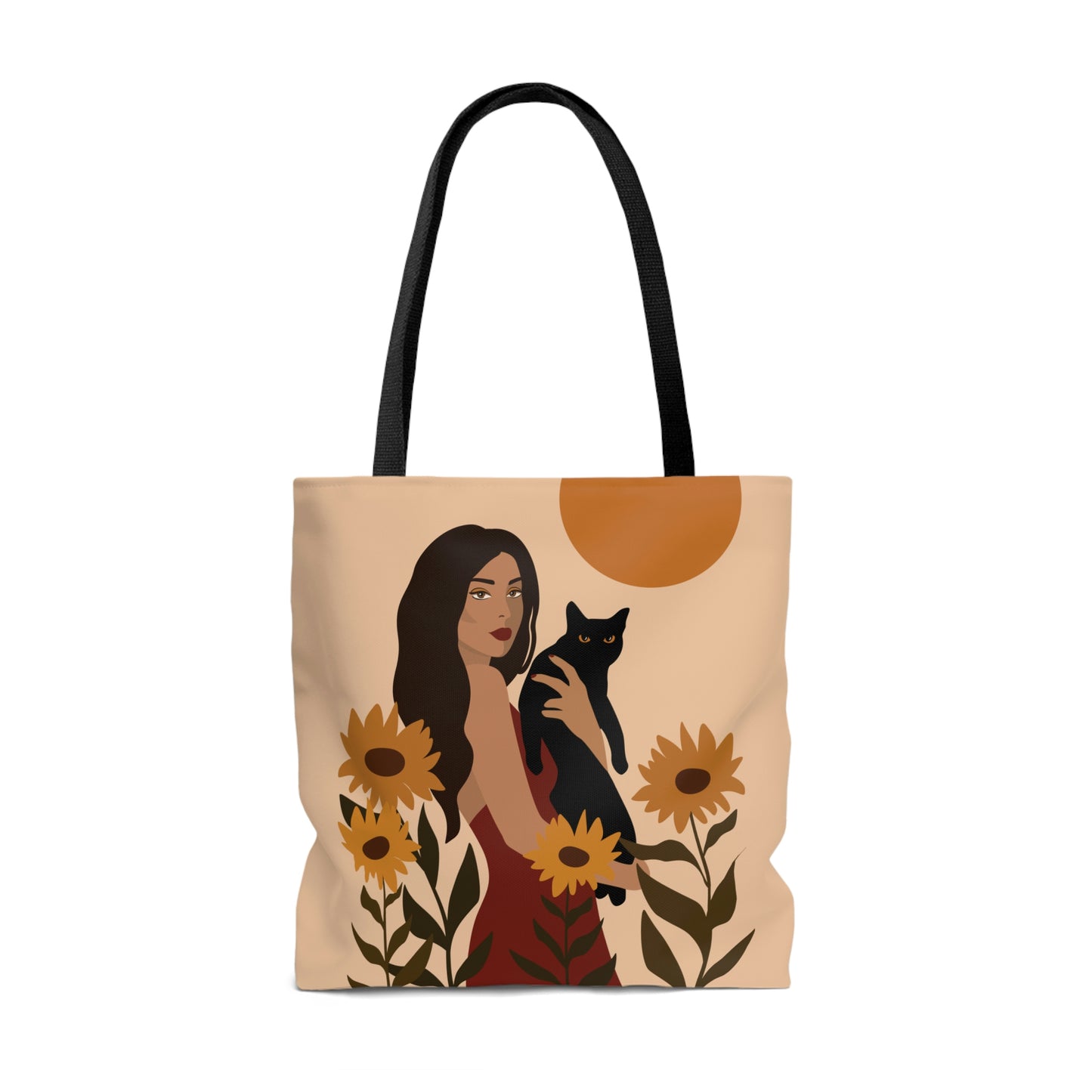 Woman with Black Cat Mininal Sunflowers Aesthetic Art AOP Tote Bag