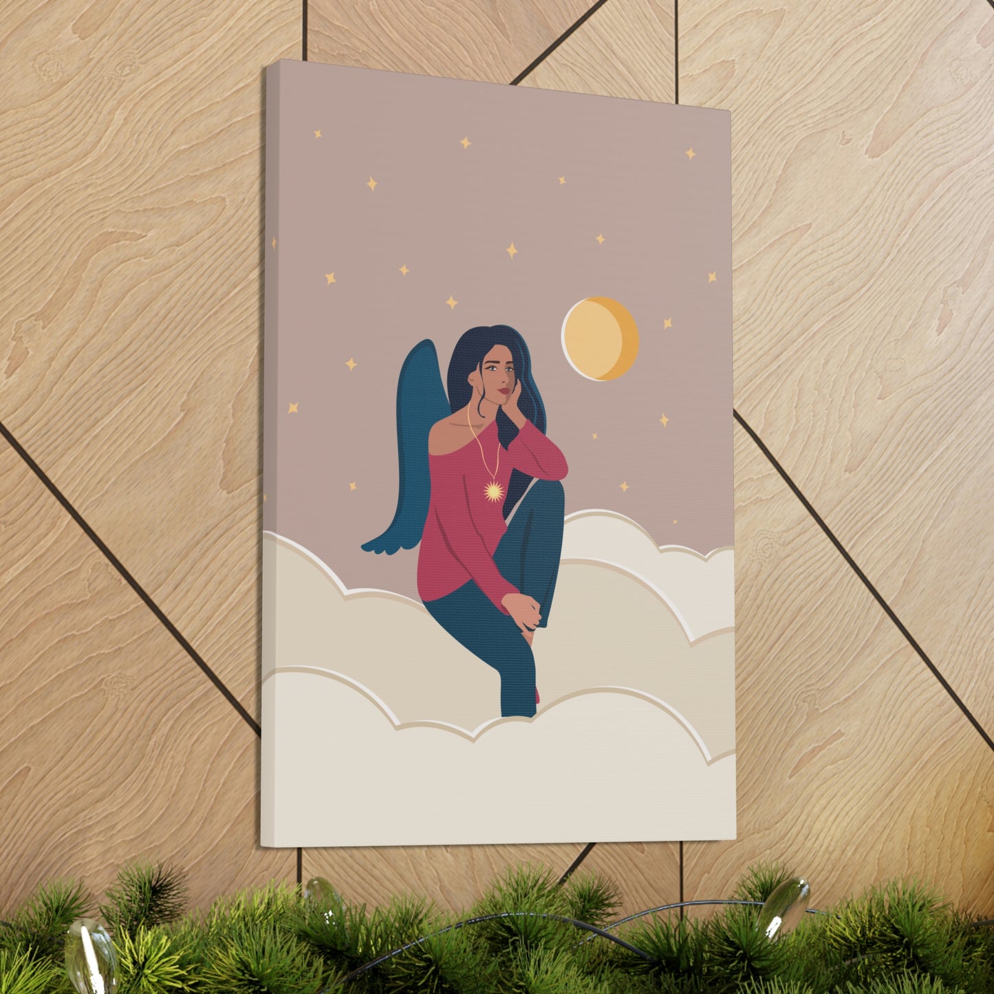 Women Angel Portrait Sitting On Clouds Cartoon Art Canvas Gallery Wraps