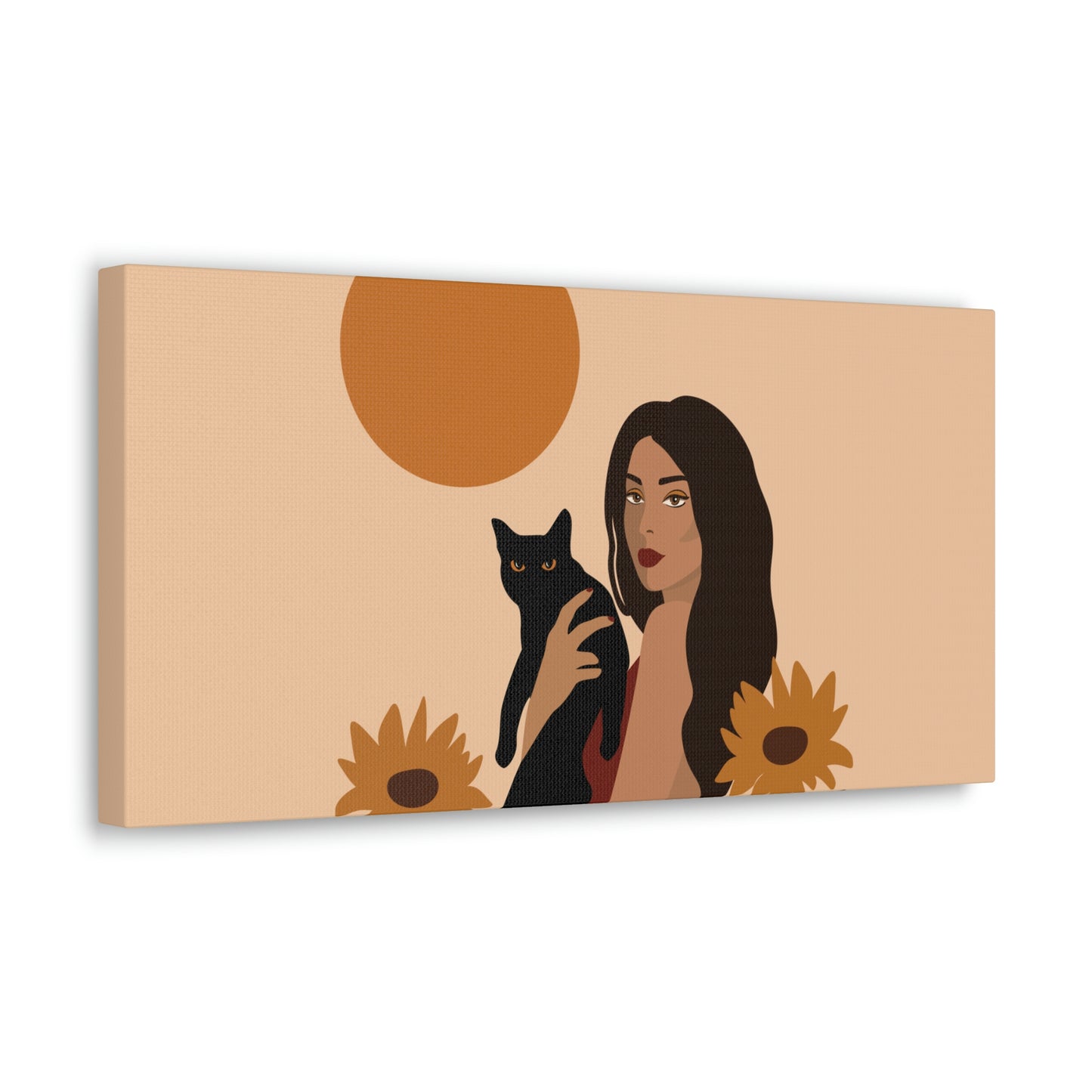 Woman with Black Cat Mininal Sunflowers Aesthetic Art Canvas Gallery Wraps