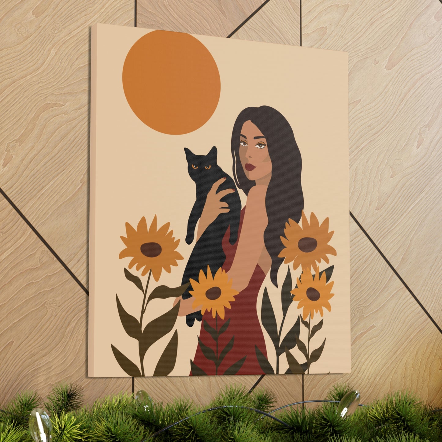 Woman with Black Cat Mininal Sunflowers Aesthetic Art Canvas Gallery Wraps