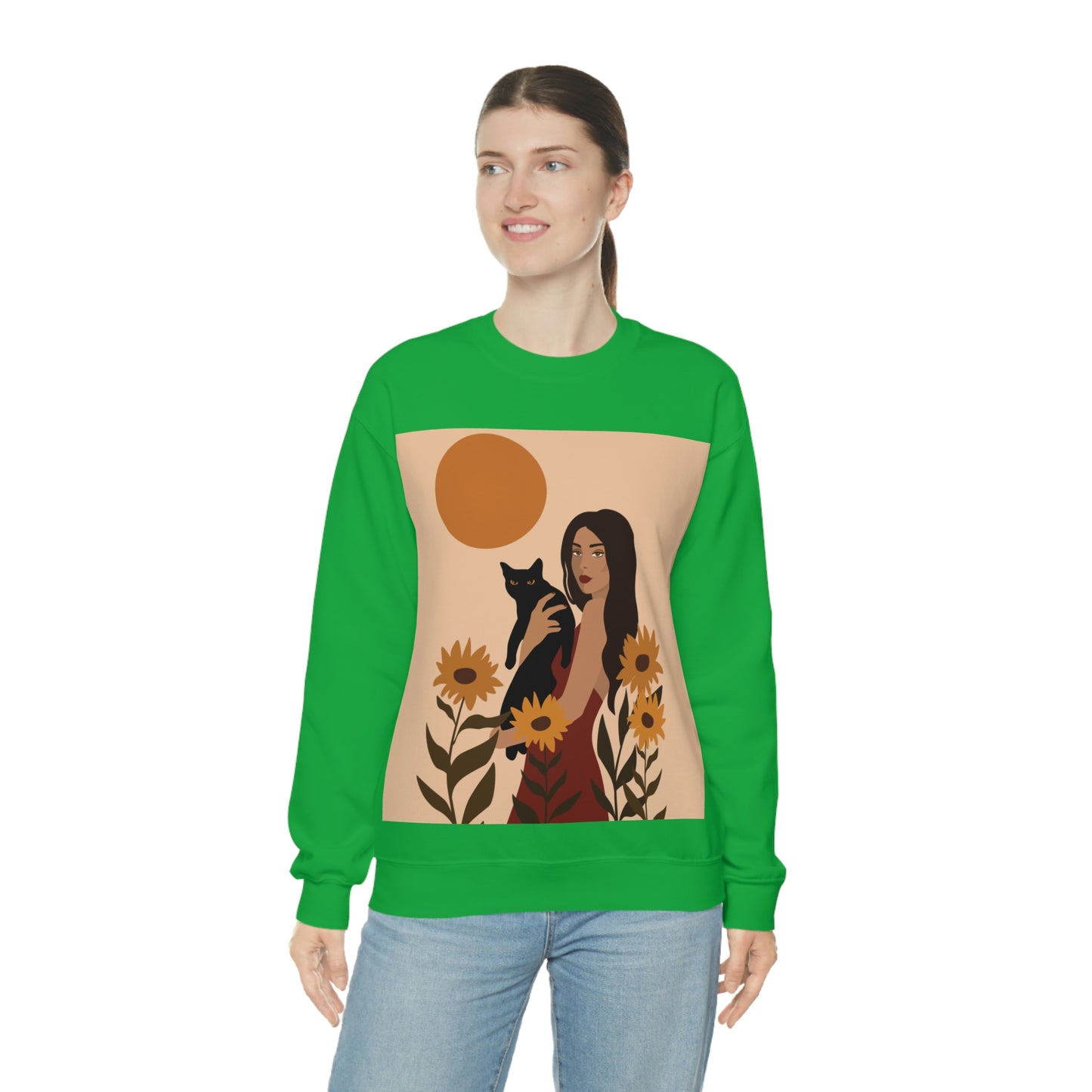 Woman with Black Cat Mininal Sunflowers Aesthetic Art Unisex Heavy Blend™ Crewneck Sweatshirt