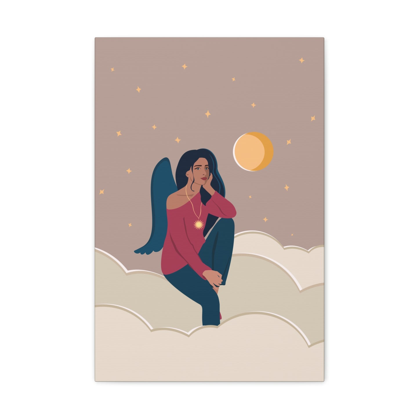 Women Angel Portrait Sitting On Clouds Cartoon Art Canvas Gallery Wraps