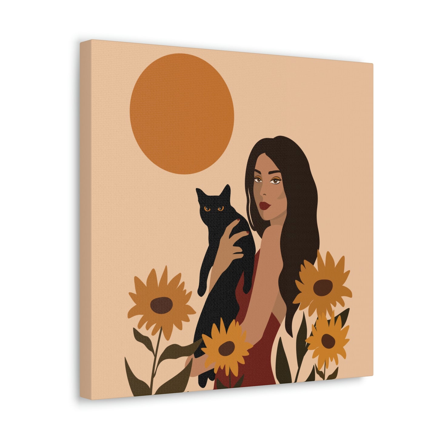 Woman with Black Cat Mininal Sunflowers Aesthetic Art Canvas Gallery Wraps