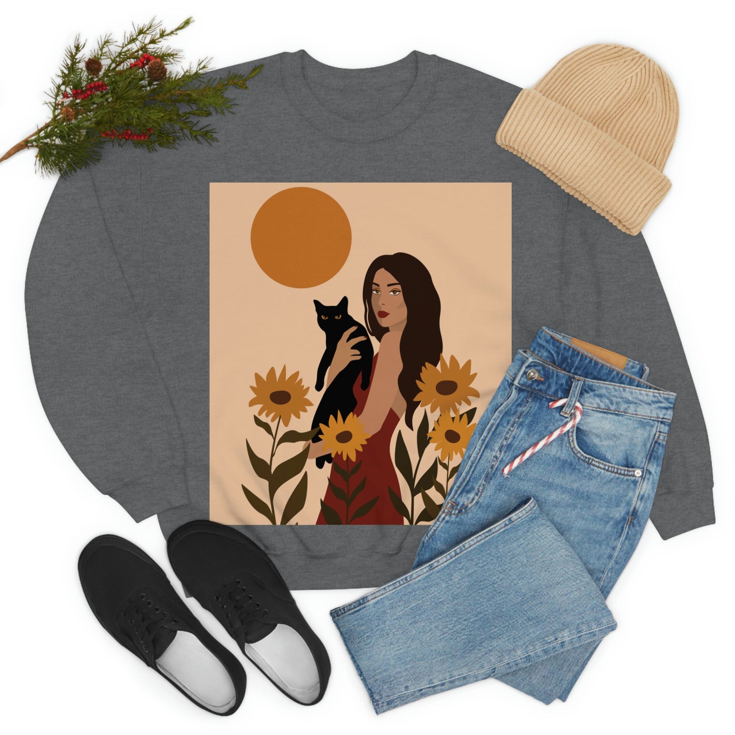 Woman with Black Cat Mininal Sunflowers Aesthetic Art Unisex Heavy Blend™ Crewneck Sweatshirt