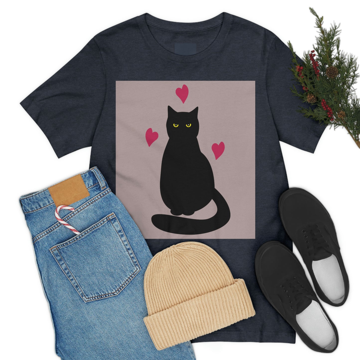 Black Cat with Heart Love Unisex Jersey Short Sleeve T-Shirt