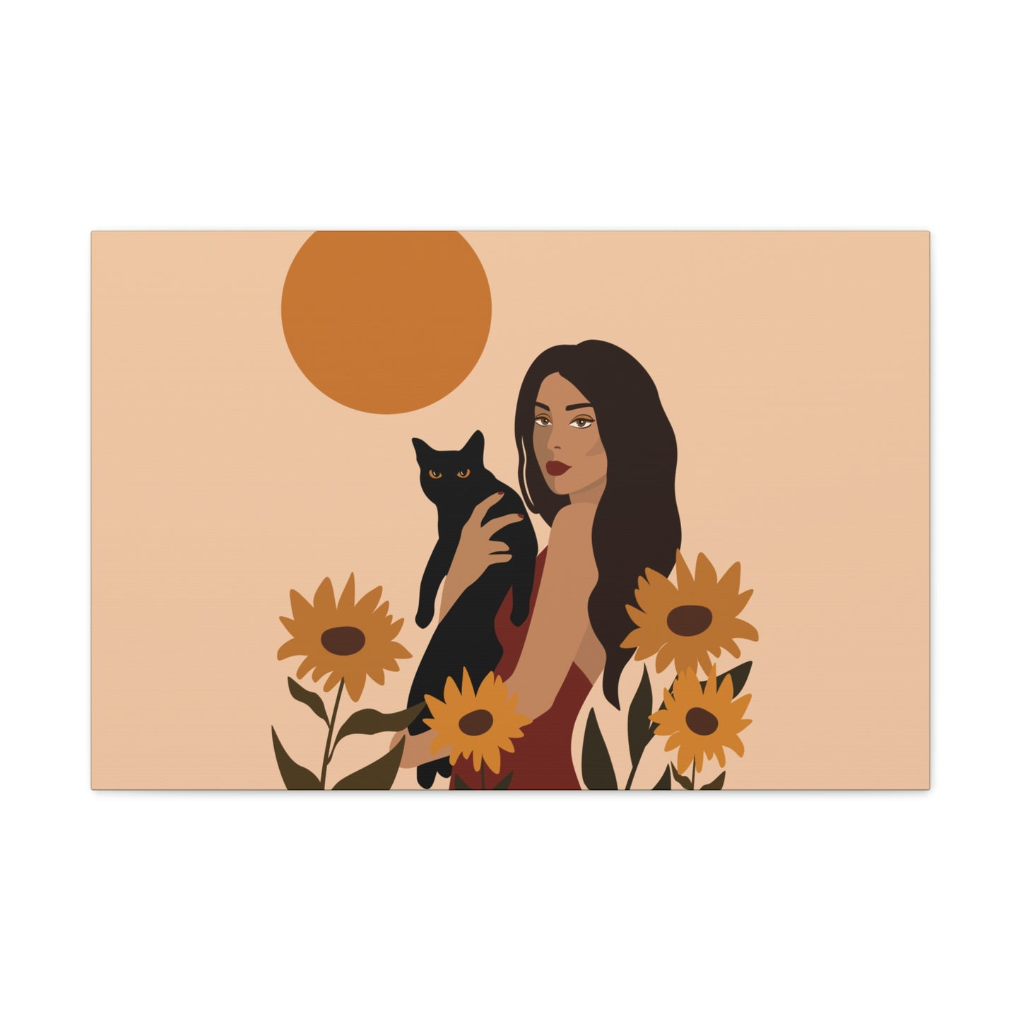 Woman with Black Cat Mininal Sunflowers Aesthetic Art Canvas Gallery Wraps