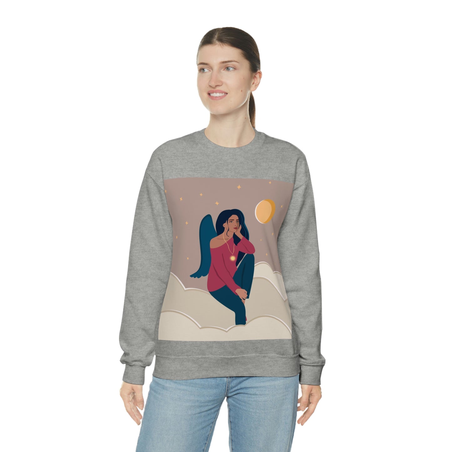 Women Angel Portrait Sitting On Clouds Cartoon Art Unisex Heavy Blend™ Crewneck Sweatshirt