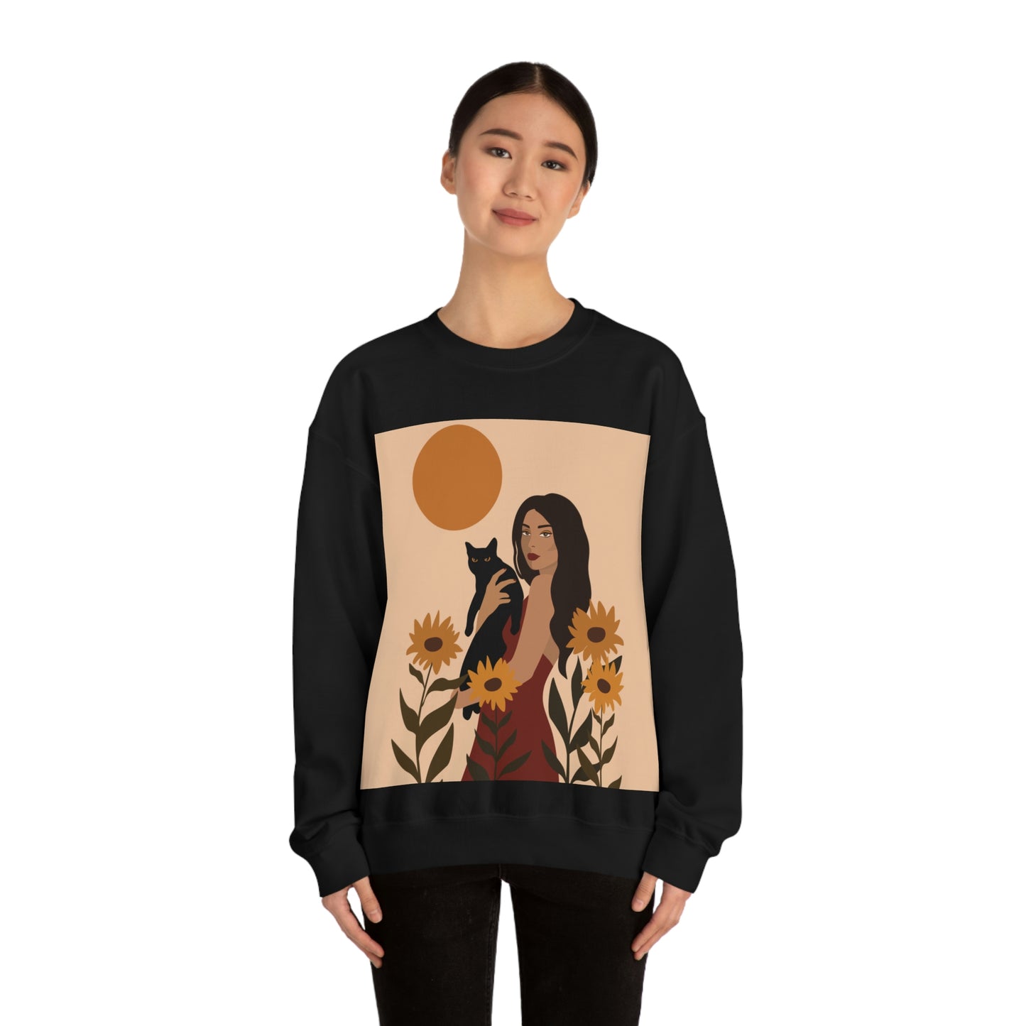 Woman with Black Cat Mininal Sunflowers Aesthetic Art Unisex Heavy Blend™ Crewneck Sweatshirt