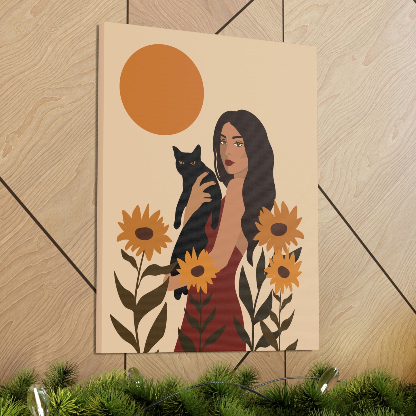 Woman with Black Cat Mininal Sunflowers Aesthetic Art Canvas Gallery Wraps