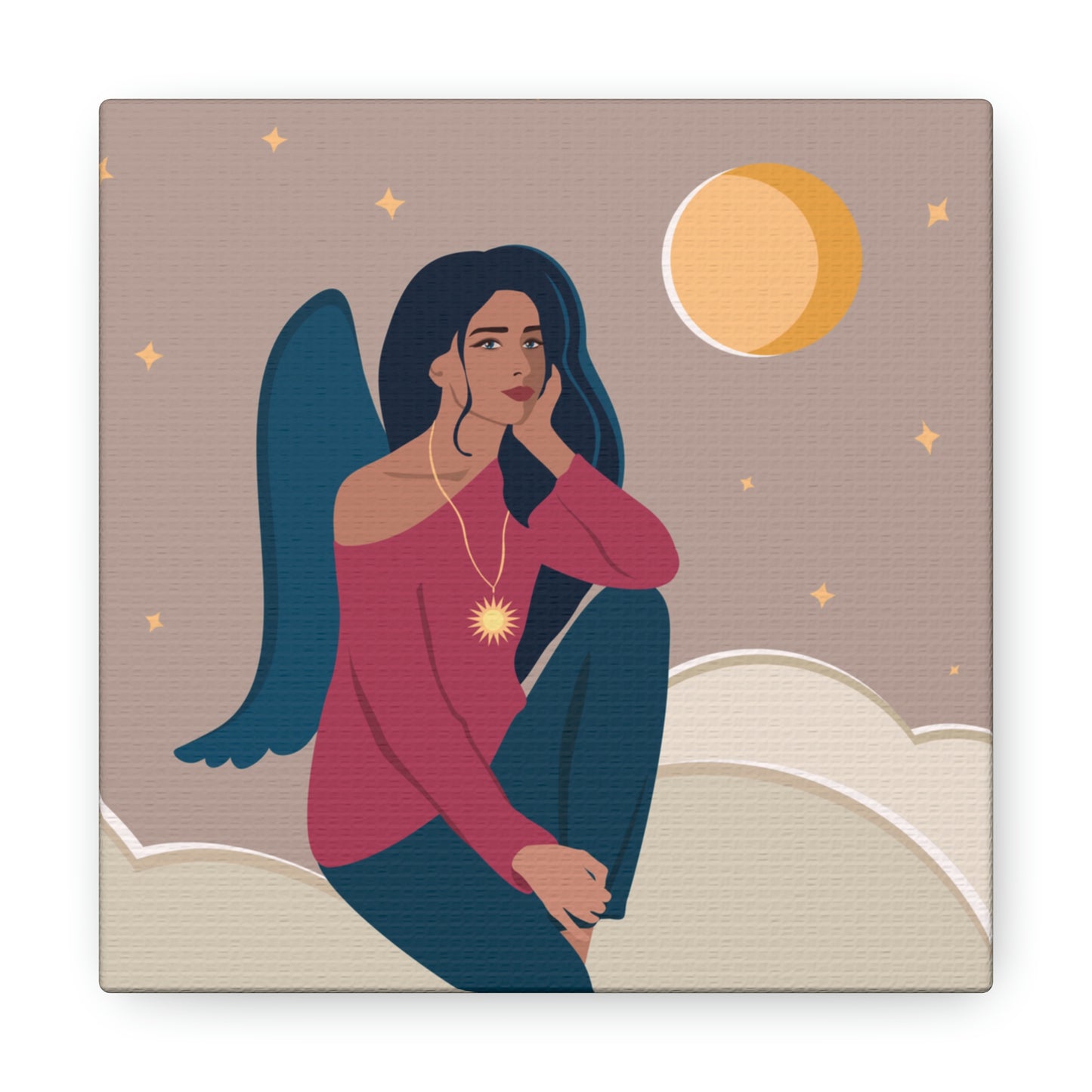 Women Angel Portrait Sitting On Clouds Cartoon Art Canvas Gallery Wraps