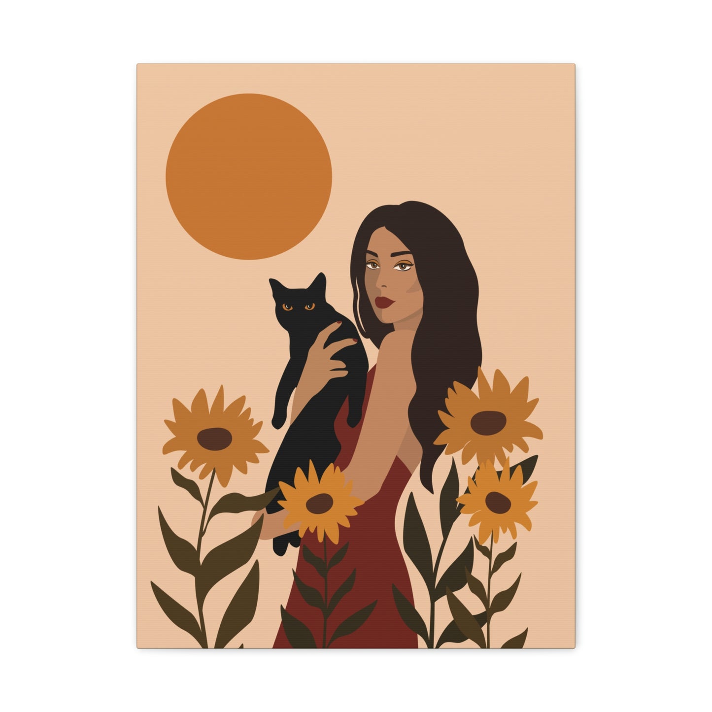 Woman with Black Cat Mininal Sunflowers Aesthetic Art Canvas Gallery Wraps