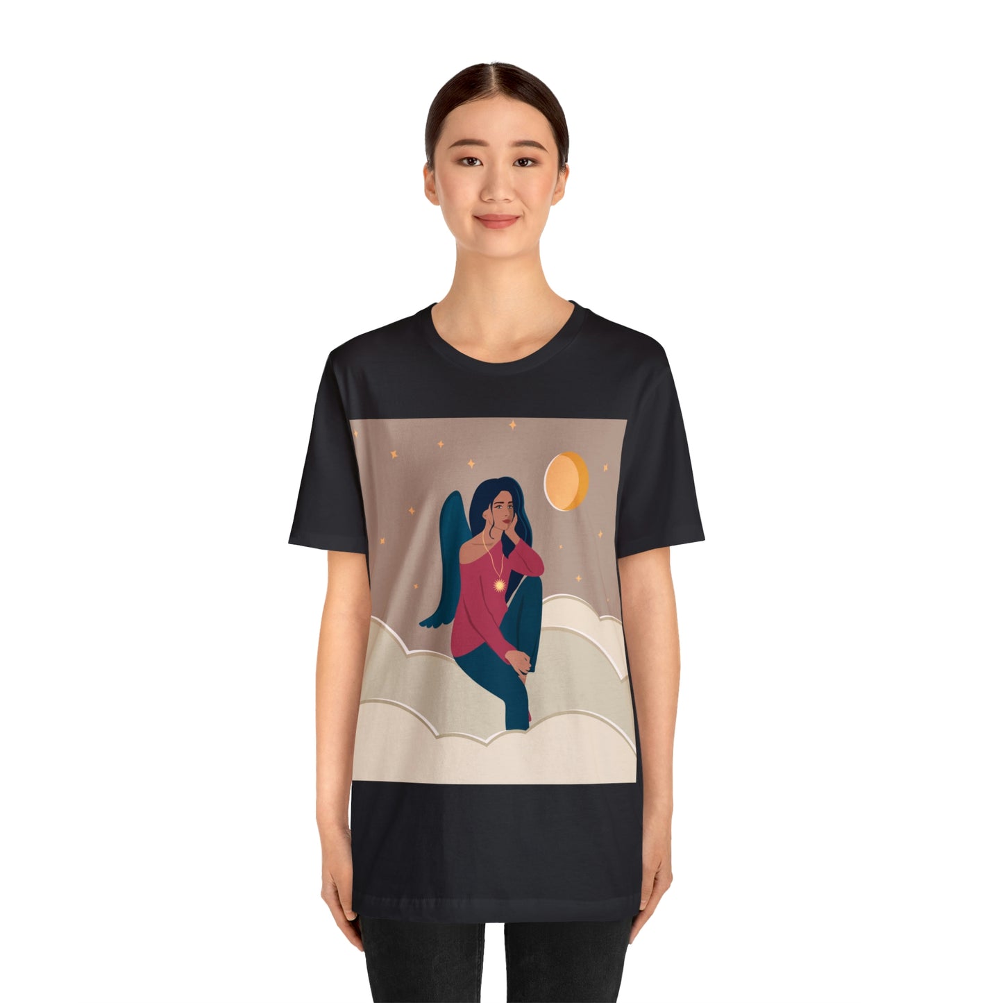 Women Angel Portrait Sitting On Clouds Cartoon Art Unisex Jersey Short Sleeve T-Shirt