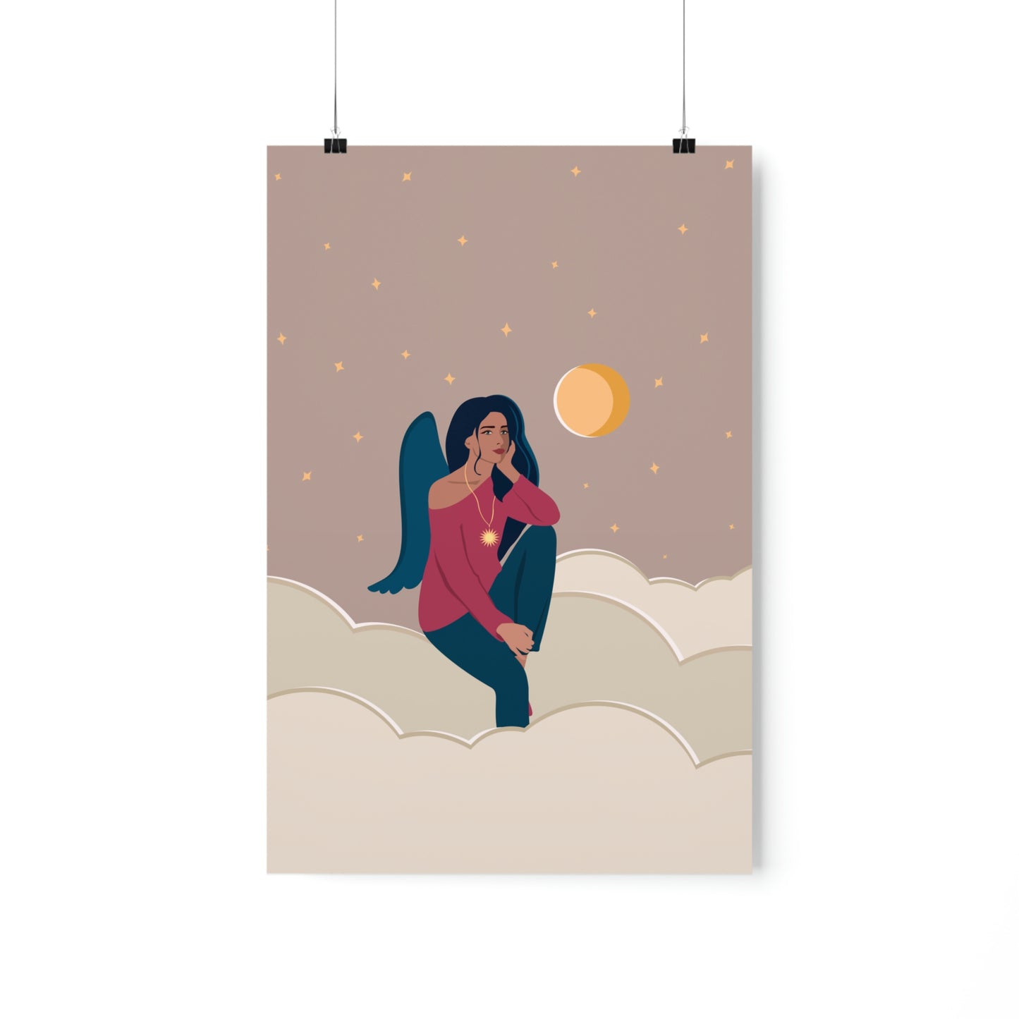 Women Angel Portrait Sitting On Clouds Cartoon Art Classic Premium Matte Vertical Posters