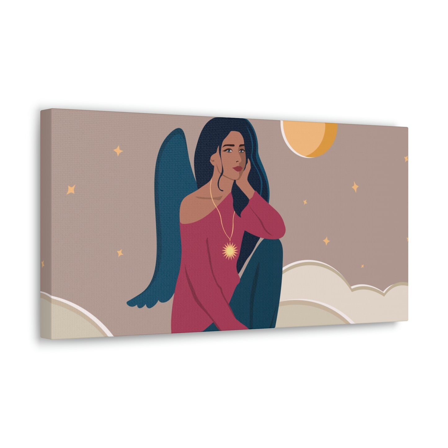 Women Angel Portrait Sitting On Clouds Cartoon Art Canvas Gallery Wraps