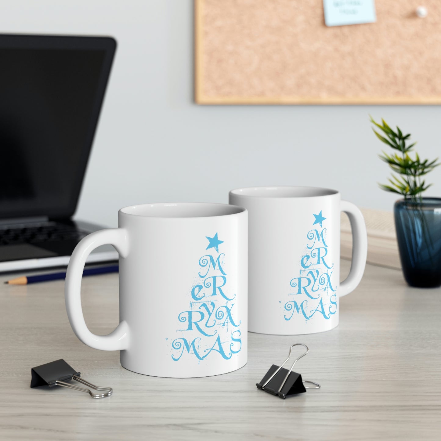 Love Christmas Happy Holidays Minimal Art Сalligraphy Blue Ceramic Mug 11oz