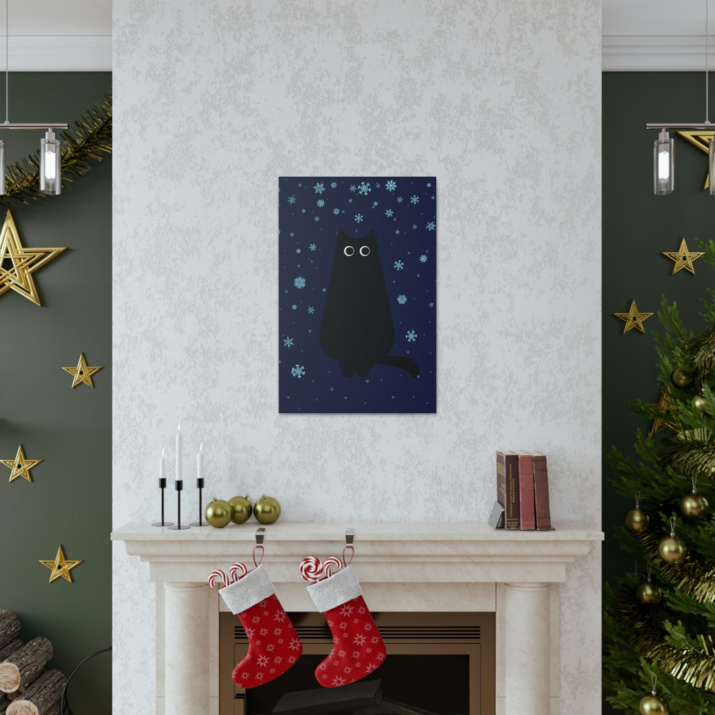 Black Cat Winter Snowflake Anime Art Classic Art Canvas Gallery Wraps