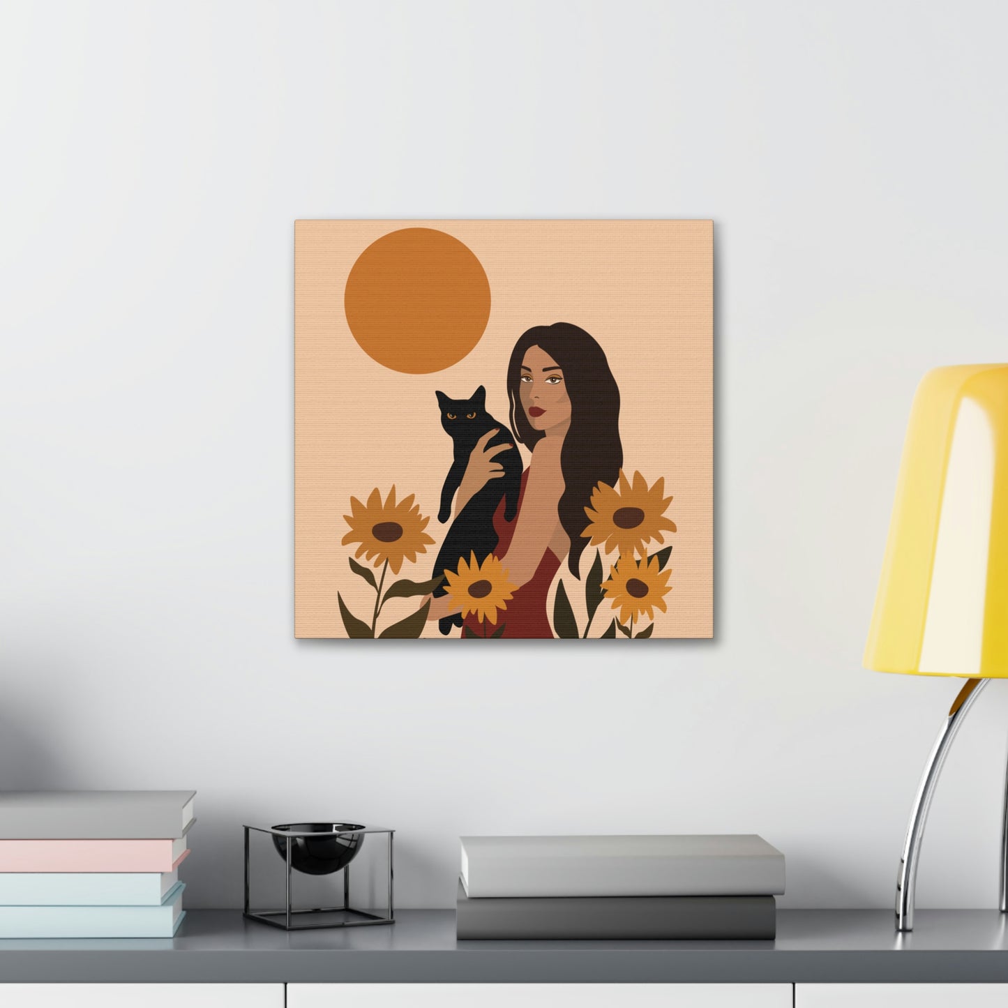 Woman with Black Cat Mininal Sunflowers Aesthetic Art Canvas Gallery Wraps