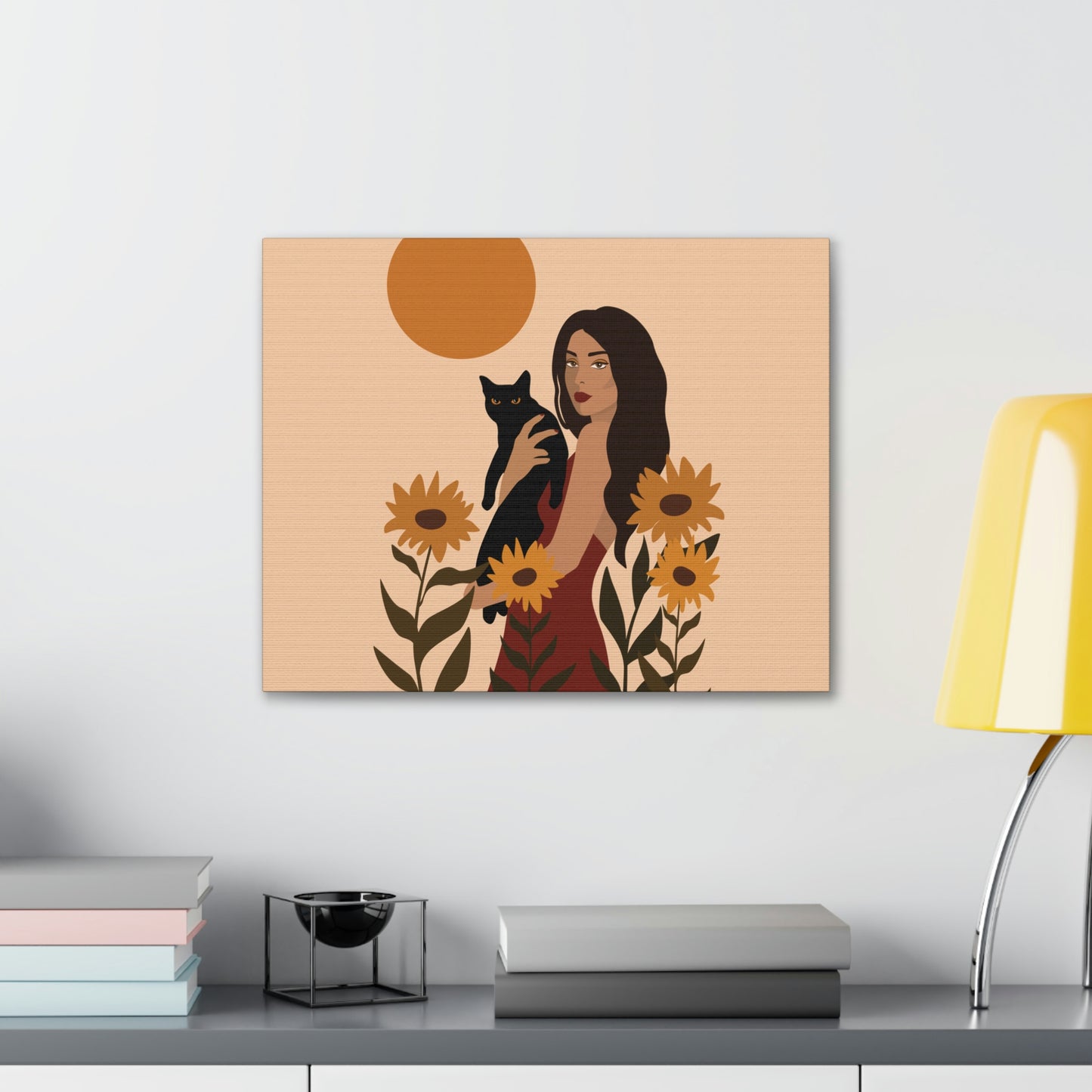 Woman with Black Cat Mininal Sunflowers Aesthetic Art Canvas Gallery Wraps