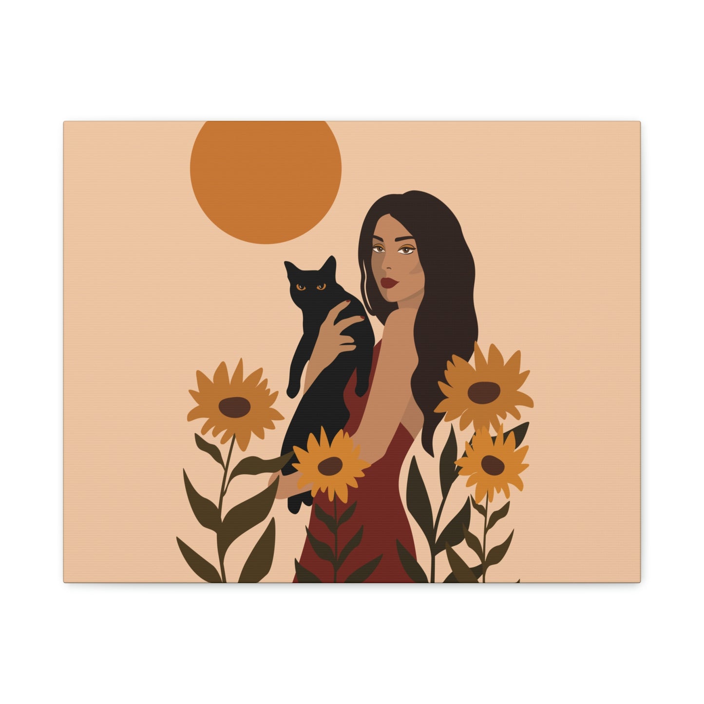 Woman with Black Cat Mininal Sunflowers Aesthetic Art Canvas Gallery Wraps