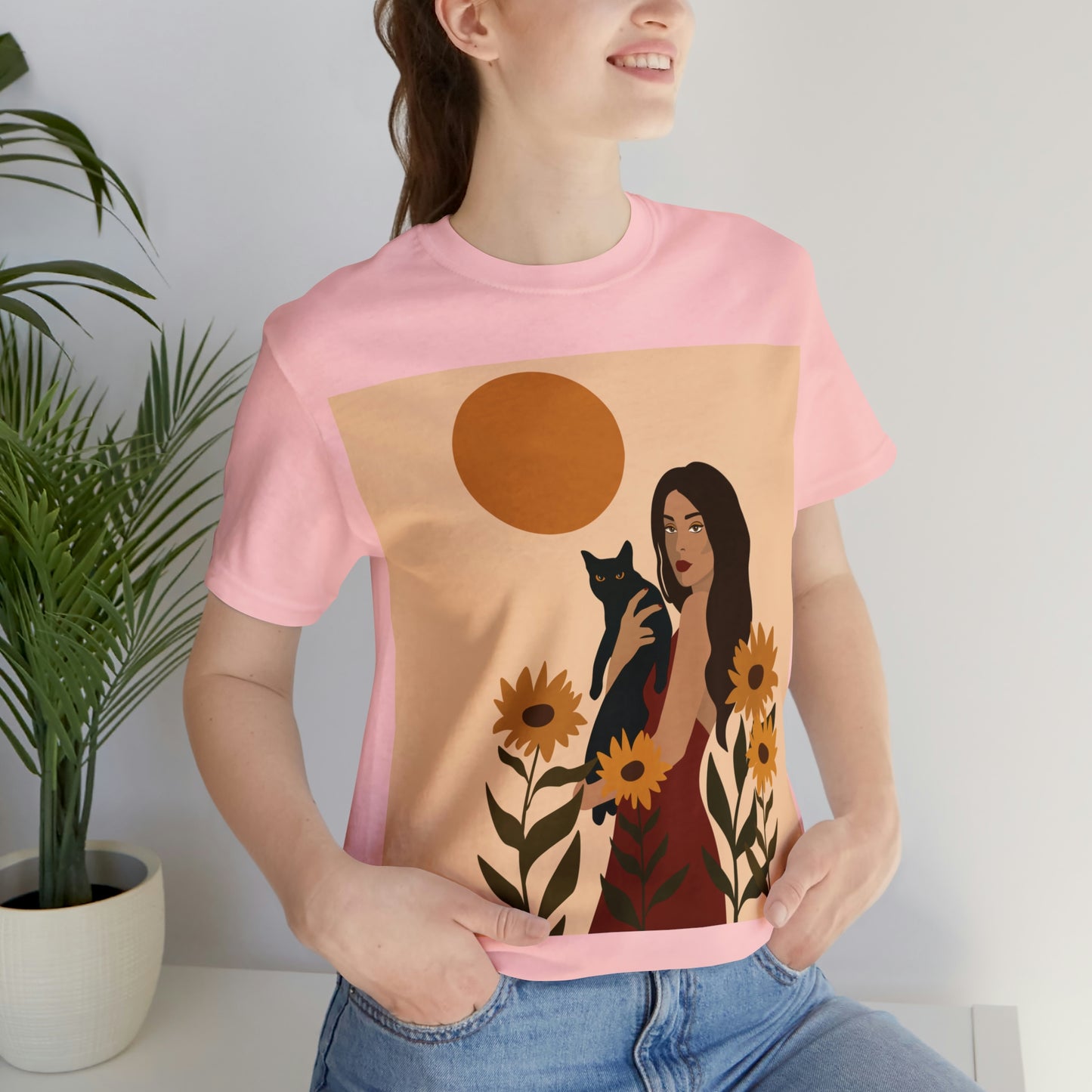 Woman with Black Cat Mininal Sunflowers Aesthetic Art Unisex Jersey Short Sleeve T-Shirt