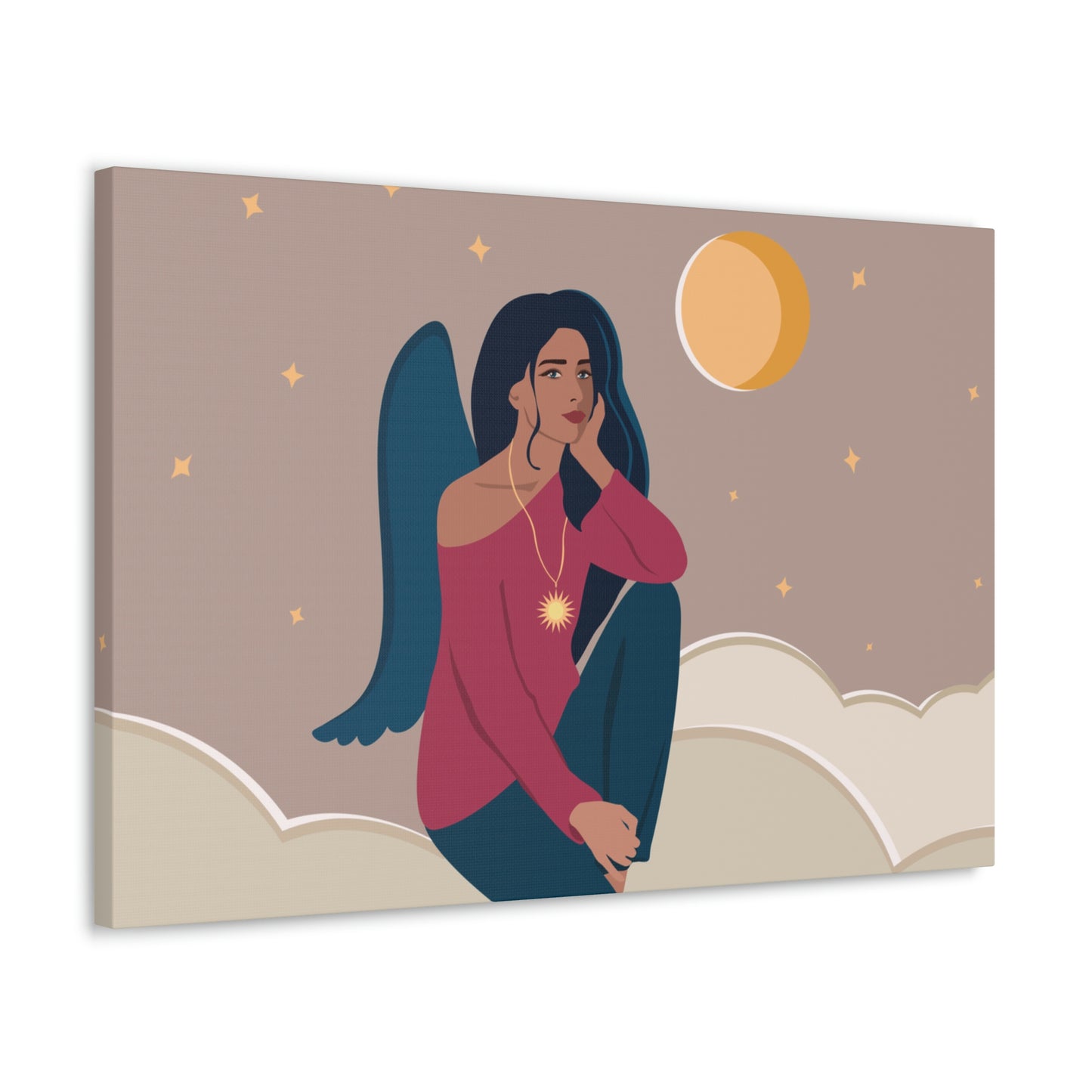 Women Angel Portrait Sitting On Clouds Cartoon Art Canvas Gallery Wraps