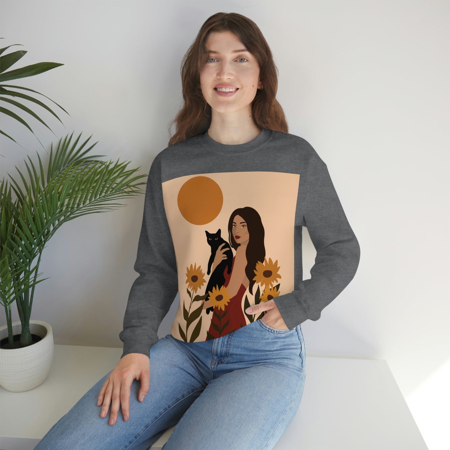 Woman with Black Cat Mininal Sunflowers Aesthetic Art Unisex Heavy Blend™ Crewneck Sweatshirt