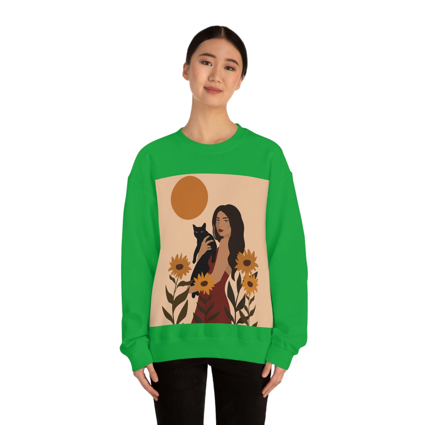 Woman with Black Cat Mininal Sunflowers Aesthetic Art Unisex Heavy Blend™ Crewneck Sweatshirt