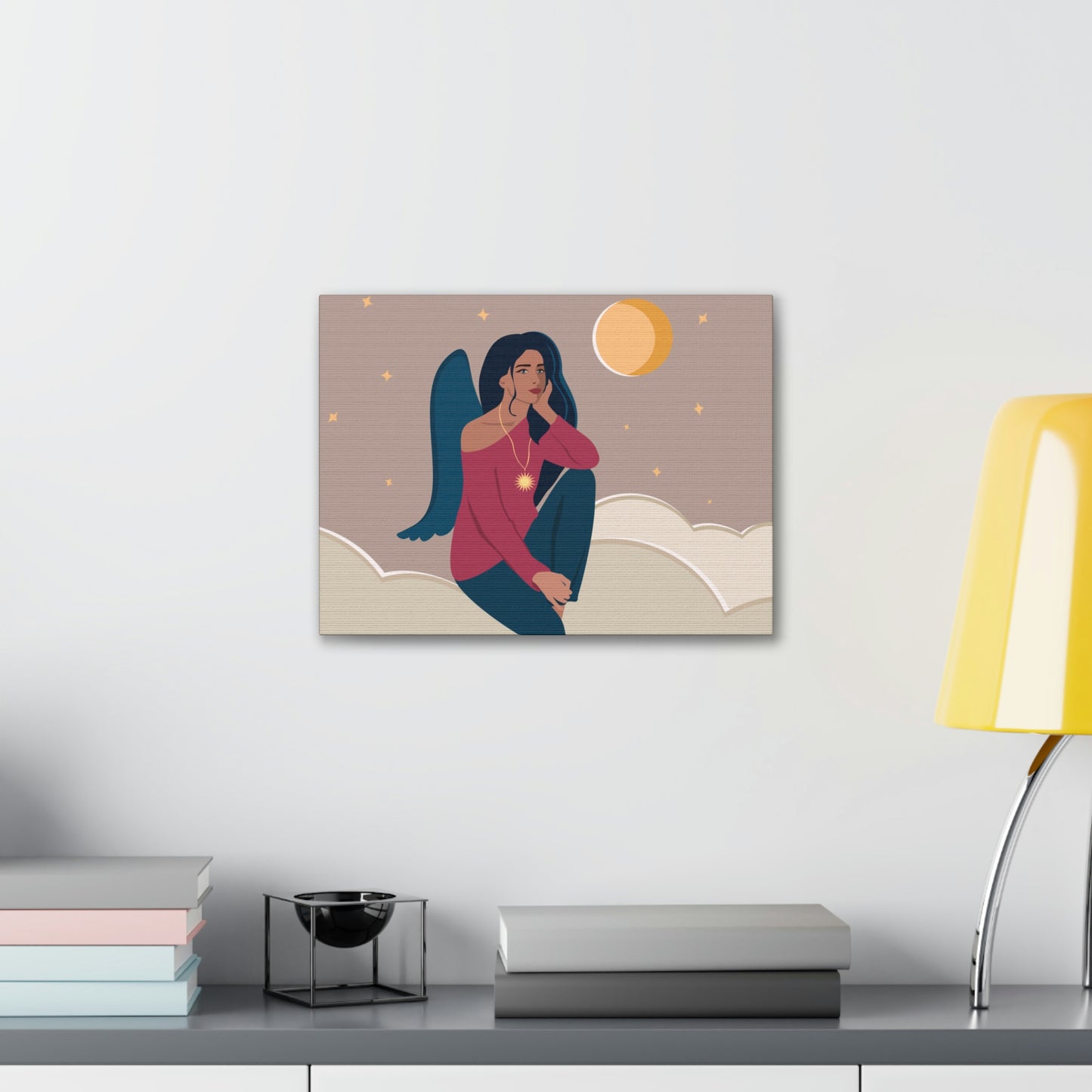 Women Angel Portrait Sitting On Clouds Cartoon Art Canvas Gallery Wraps