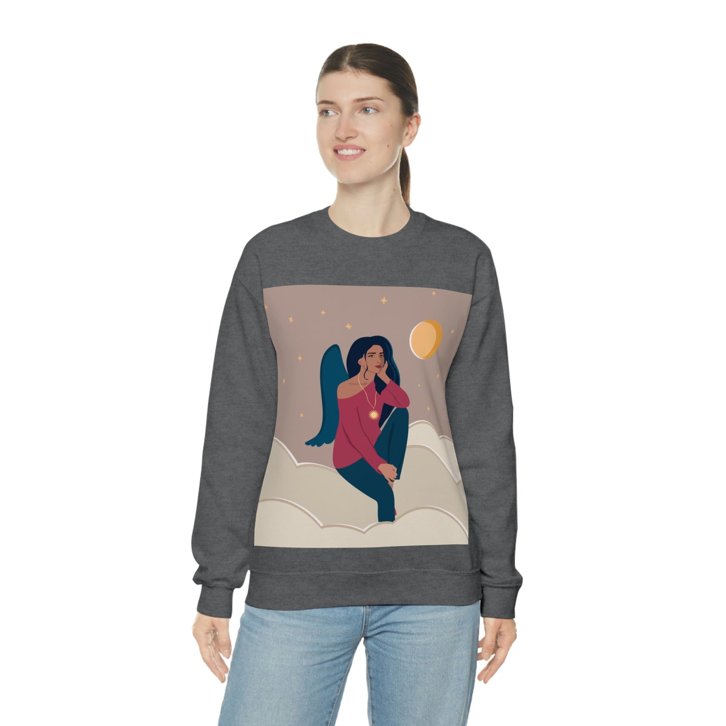 Women Angel Portrait Sitting On Clouds Cartoon Art Unisex Heavy Blend™ Crewneck Sweatshirt