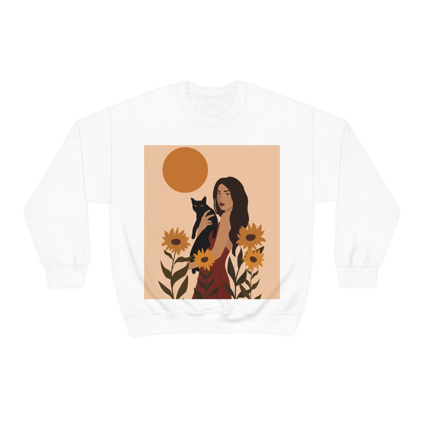 Woman with Black Cat Mininal Sunflowers Aesthetic Art Unisex Heavy Blend™ Crewneck Sweatshirt